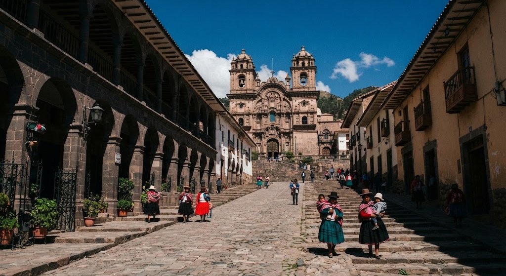 Cusco cathedral and colonial arcades on a steep stone street under an Andean