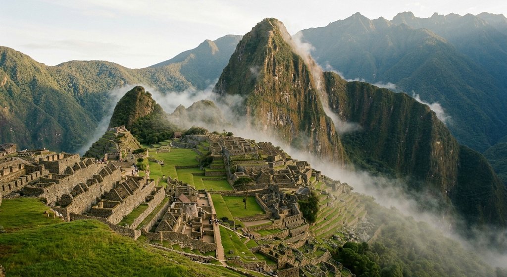Machu Picchu terraces at sunrise with Huayna Picchu peak behind, soft haze