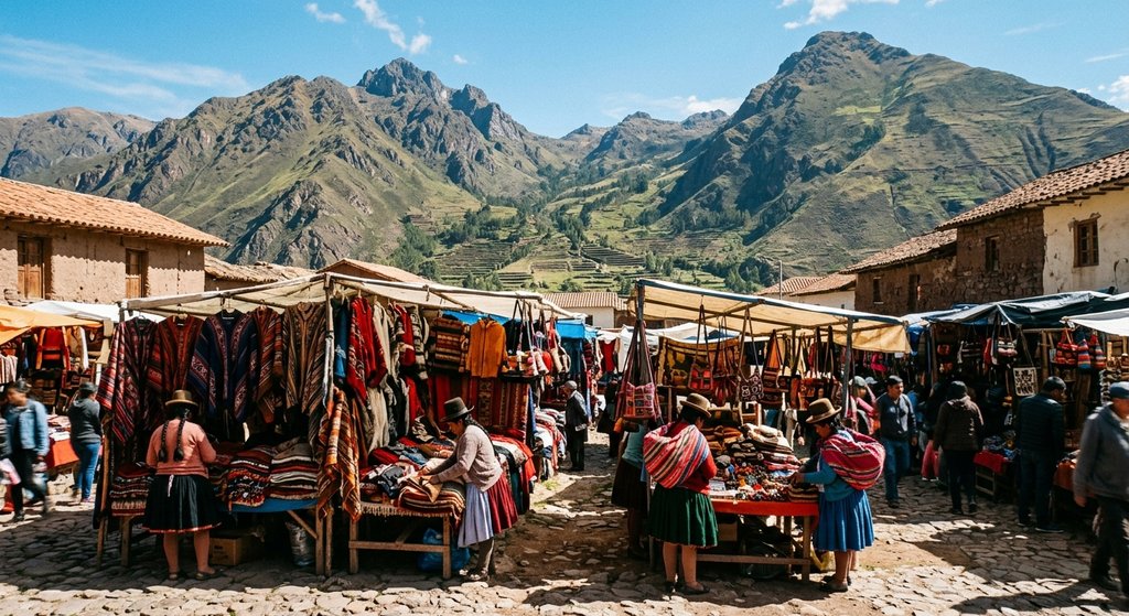 Pisac market stalls hung with colourful textiles, Andean peaks behind